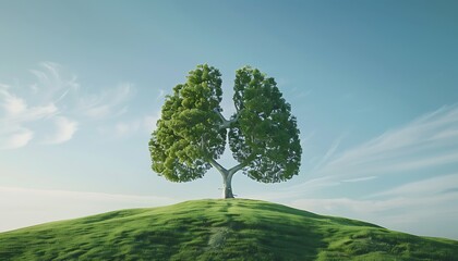 Photo realistic depiction of a tree shaped like lungs standing on a green hill under a clear blue sky, symbolizing the vital connection between nature and respiratory health