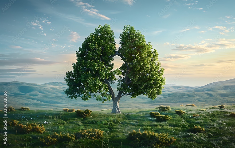 Aufkleber realistic photo of a unique tree shaped like lungs in an open grassy landscape, emphasizing the impo