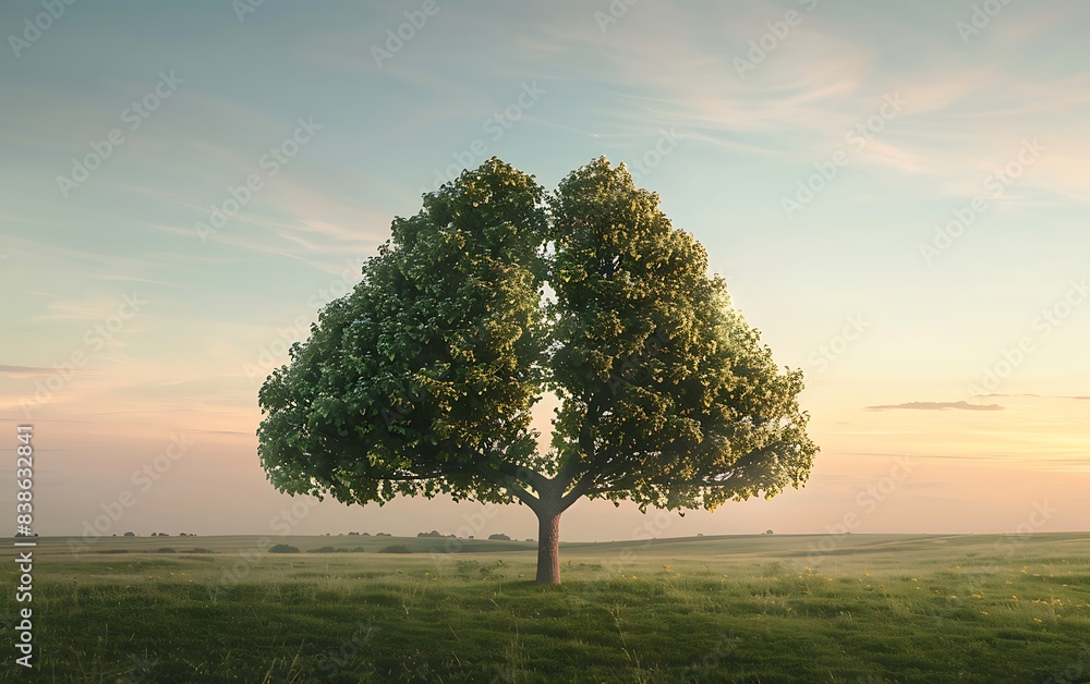Aufkleber Realistic photo of a unique tree shaped like lungs in an open grassy landscape, emphasizing the importance of clean air and healthy lungs under a gradient sky