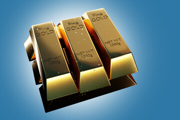 Bank gold bars. Stack of bullions on turquoise. Investment gold for rich. Precious metal for preserving wealth. Small bars of bank gold. Treasure from depository. Golden bullionn. 3d image