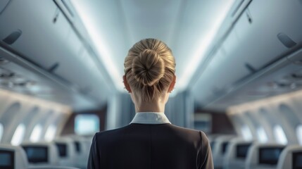 Back view of professional flight attendant in uniform inside an airplane cabin, ready to assist passengers during flight.
