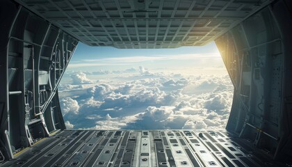 Obraz premium Captivating view of fluffy clouds and bright sky from the open cargo bay of an aircraft, depicting a sense of freedom and adventure.