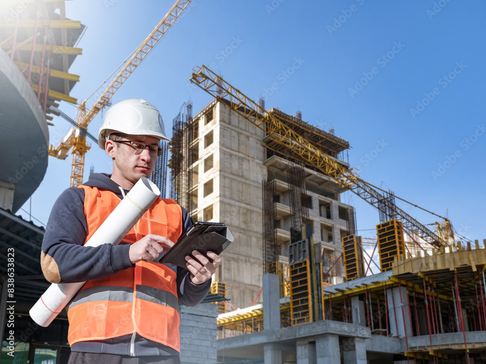 Poster man builder. architect at construction site. builder with tablet computer and papers. man inspector 