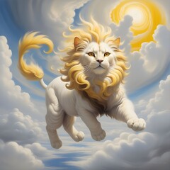 하늘을 날아다니는 용맹한 고양이과 느낌 사자 sky lion yellow 노랑 노란색...