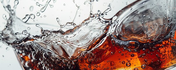 Close-up of a fizzy drink with bubbles and splashes, capturing the refreshing essence of a carbonated beverage in motion.