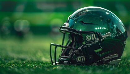 Fototapeta premium Close-up of a shiny green football helmet resting on grass under stadium lights, capturing the essence of the sport.
