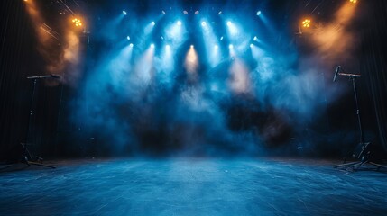 A dramatic and atmospheric view of an empty stage with vibrant stage lighting and haze enhancing the mood