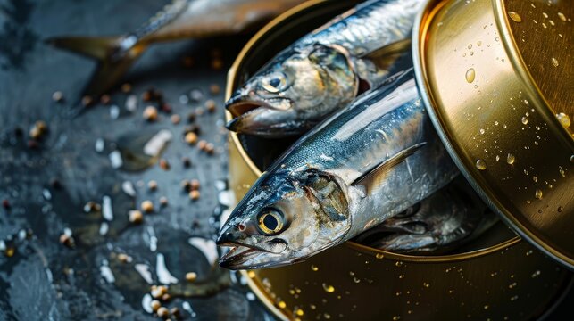 Close-up of fresh sardines in an open tin can with seasonings on a dark background, highlighting the detailed texture and freshness.