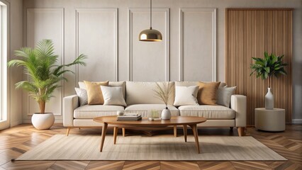 Elegant modern living room with cream sofa, wooden coffee table, and minimalist decor, featuring a blank wall awaiting artwork or family photo.