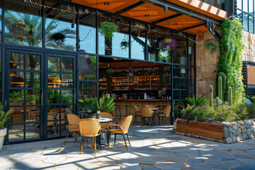 Naklejka premium Elegant outdoor cafe with modern design, ample seating, lush greenery, and abundant natural light