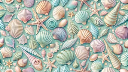 Elegant, intricate seashell designs in soothing pastel hues form a mesmerizing seamless pattern, ideal for decorative surfaces, accessories, and stationery.
