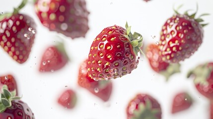 Fresh strawberries floating in mid-air with water droplets. Perfect for healthy eating, fruit, and freshness concepts.