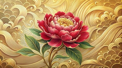 Intricate chinese-inspired illustration featuring a majestic peony flower amidst hand-drawn waves in a vintage style, set against a luxurious gold-textured background.