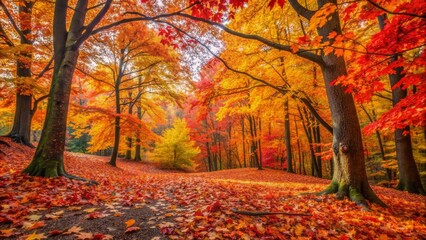 Vibrant orange, yellow, and crimson leaves scattered across the ground, surrounding a few bare branches, evoking a sense of autumnal serenity in a secluded forest setting.