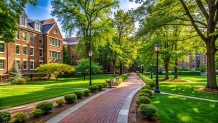 A serene university campus scene with lush greenery, brick buildings, and walkways, conveying a sense of academic rigor and intellectual pursuits.