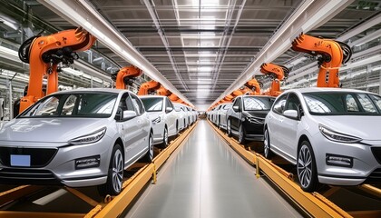 Fototapeta premium Efficient Factory Assembly Line Producing Modern Cars in High Volume