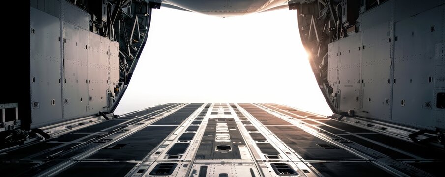 Inside view of an aircraft cargo hold with the ramp door open, showcasing industrial design and open sky in the background.