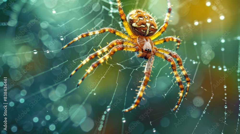 Poster a garden orb-weaver spider repairing its web after a rain shower, showcasing the resilience and adap