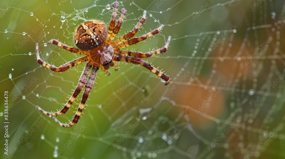 Poster a garden orb-weaver spider repairing its web after a rain shower, showcasing the resilience and adap