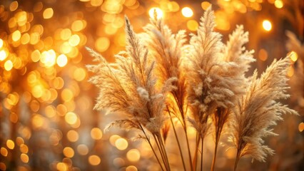 Warm sunlight illuminates a delicate bunch of dried pampas grass, set against a soft, golden bokeh background, evoking a sense of serenity and rustic charm.