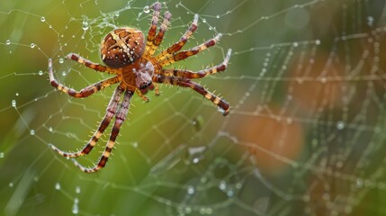 A garden orb-weaver spider repairing its web after a rain shower, showcasing the resilience and adaptability of these arachnids