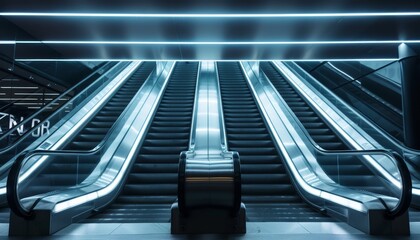 Modern, illuminated escalators in a futuristic setting, showcasing sleek architecture and advanced technology in public transportation.