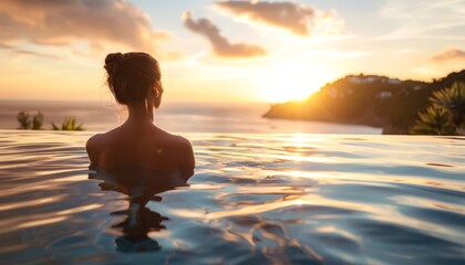 Relaxing in an infinity pool while enjoying a breathtaking sunset view over the ocean, inspiring serenity and peace.