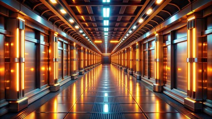 Futuristic corridor features sleek reflective capsules lining walls, illuminated by vibrant orange lights, creating a mesmerizing, high-tech ambiance, devoid of human presence, in a sterile setting.