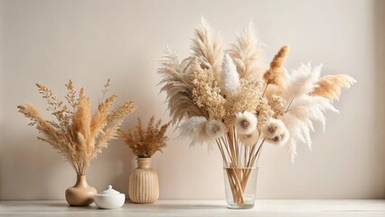 Elegant still life arrangement features pampas grass and dried flowers in creamy whites, warm beiges, and earthy browns against a soft, serene light background.