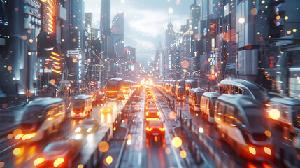 Fototapeta premium Busy City Street with Vibrant Lights