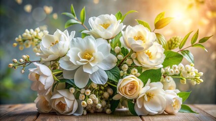 Delicate, creamy-white blooms with golden accents adorn lush green leaves on a sturdy stem, exuding tranquility and refinement in this elegant still life.