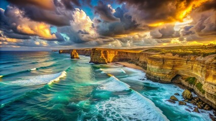Dramatic seascape featuring rugged cliffs bathing in warm golden sunlight, juxtaposed against a vibrant turquoise sea, and set beneath a turbulent sky with puffy clouds.