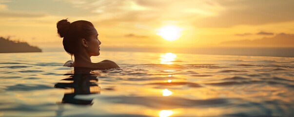 Serene silhouette of a woman swimming at sunset, enjoying the tranquil beauty of the ocean and sky with vibrant colors reflected in the water.