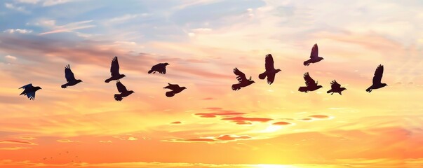 Silhouette of birds flying in a V-formation across a stunning sunset sky, symbolizing unity and freedom in nature's tranquil beauty.