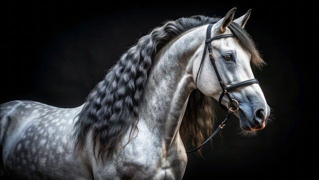 A majestic dapple-grey horse with a dark mane and tail, adorned with a bridle, poses serenely against a stark black background, exuding calm elegance.