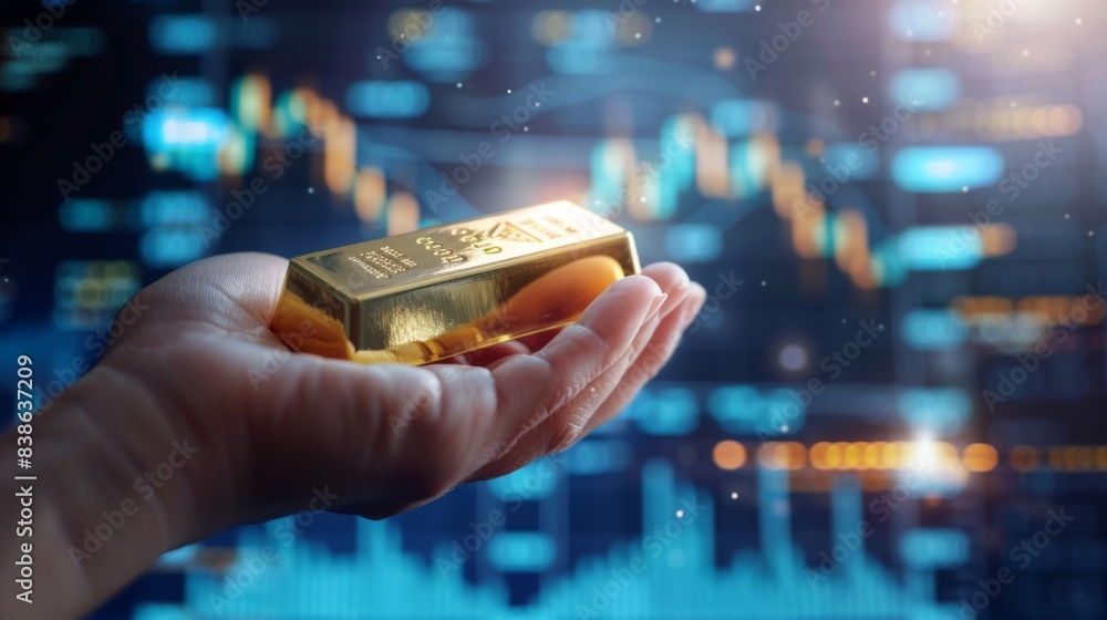 Poster a hand holding a gold bar with financial charts and graphs in the background, symbolizing the correl