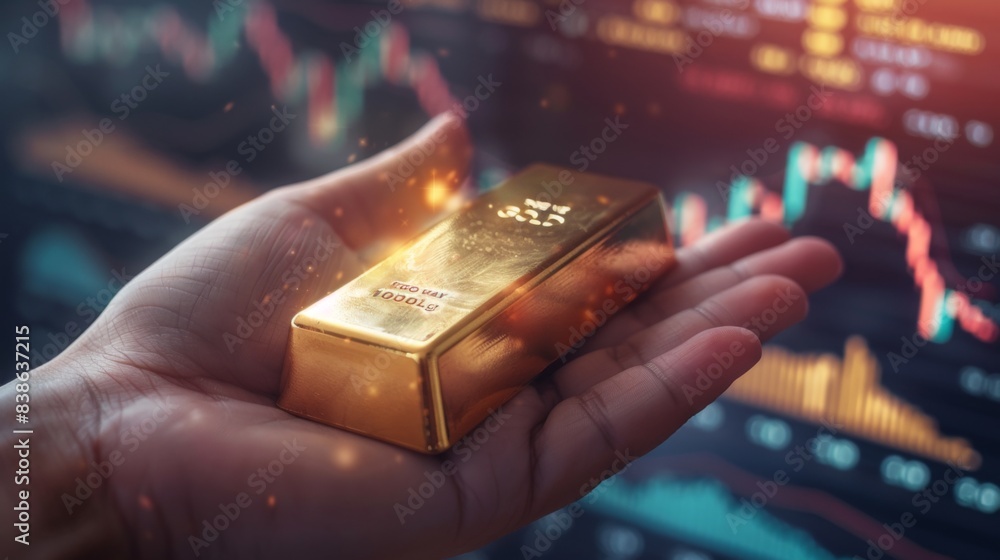 Poster a hand holding a gold bar with financial charts and graphs in the background, symbolizing the correl