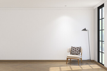 3d render of minimal wall mock up with credenza, armchair side the window. Wood parquet floor and...