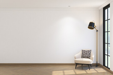 3d render of minimal wall mock up with credenza, armchair lamp side the window. Wood parquet floor...