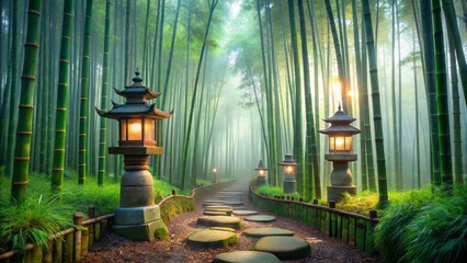 Serene misty bamboo forest with subtle lanterns, soft sunlight filtering through swaying bamboo stalks, traditional japanese stone lanterns, and a sense of mystique.