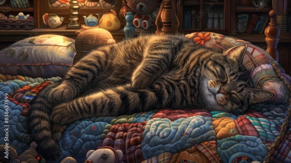 Poster a heavyset cat taking a nap on a large bed with a quilted blanket, surrounded by plush toys and a co