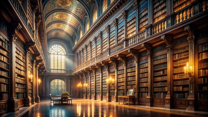 Dimly lit, sprawling bookshelves in a grand, eerily quiet library, set against a blurred, gradient background, exuding an atmosphere of ancient, mystical knowledge.