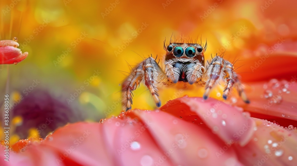 Poster a jumping spider perched on a flower petal, its large eyes reflecting the surrounding environment as