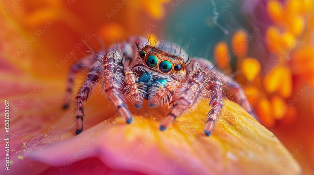 Poster a jumping spider perched on a flower petal, its large eyes reflecting the surrounding environment as