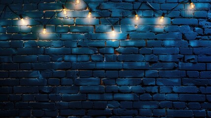 Dark blue brick wall background with hanging lights, dark lighting, wide angle