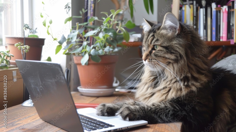 Aufkleber a large cat sitting in front of a laptop, appearing to work or browse the internet in a well-organiz