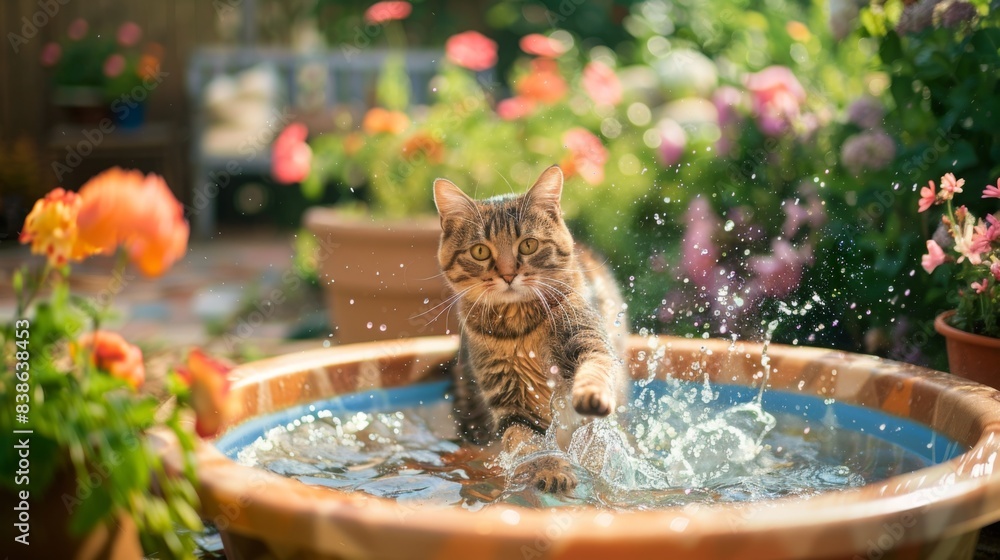 Poster A large cat splashing in a shallow wading pool, enjoying the water on a hot day in a vibrant and colorful backyard