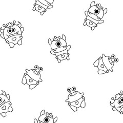 Cute kids monster. Seamless pattern. Coloring Page. Cartoon kawaii scary funny baby character. Hand drawn style. Vector drawing. Design ornaments.