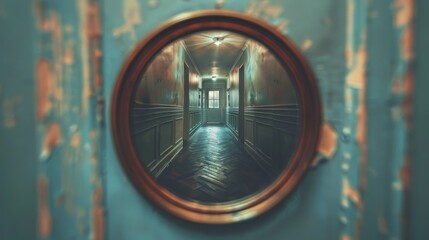 A round mirror strategically positioned to frame a hallway offers a distinct and surreal perspective, merging reality and reflection