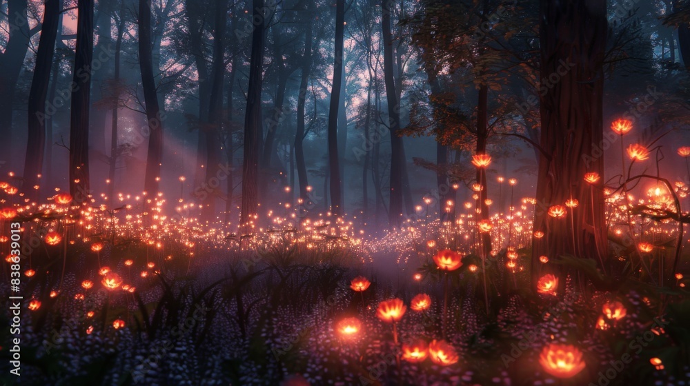 Poster a magical forest illuminated by the soft light of fire flowers, creating a dreamlike and enchanting 